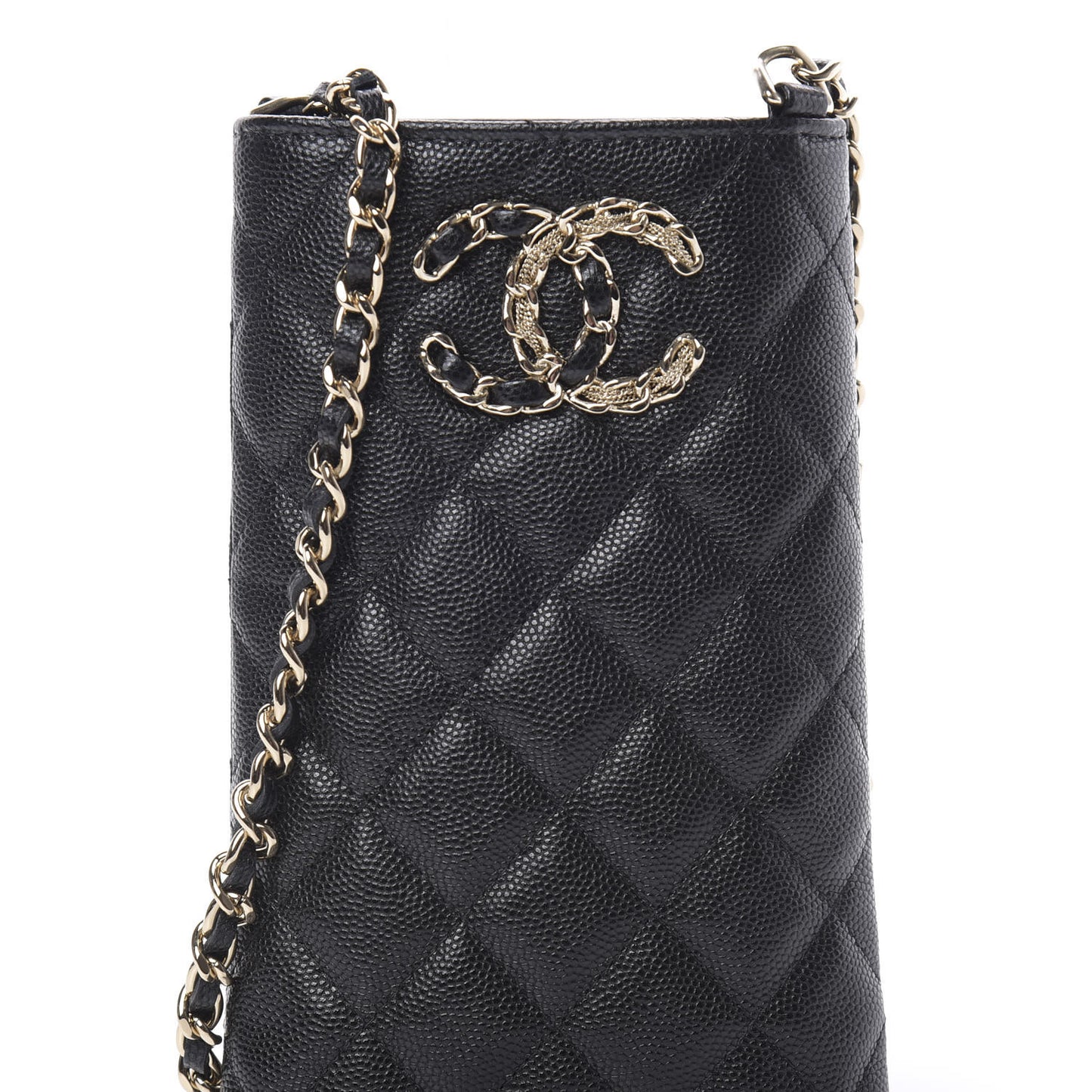 Caviar Quilted French New Wave Phone Holder With Chain Black