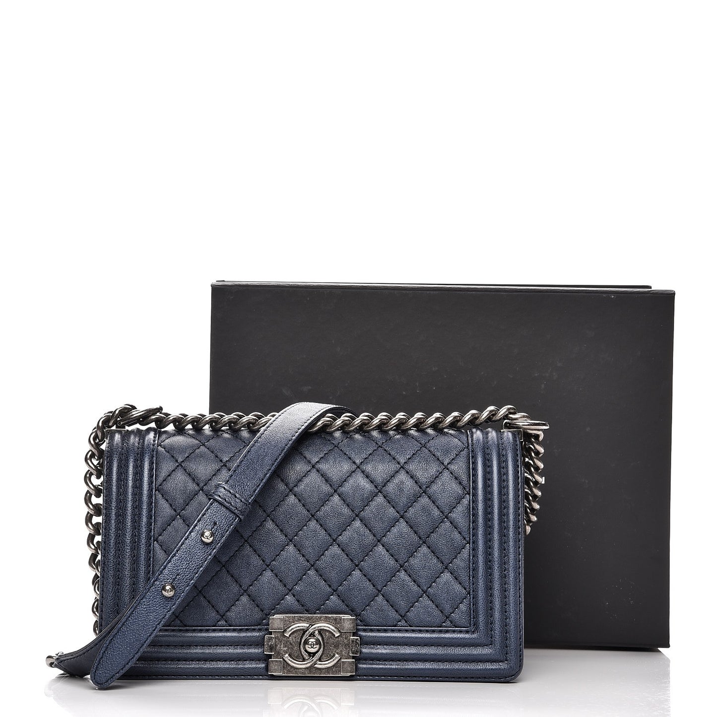 Metallic Calfskin Quilted Medium Boy Flap Navy