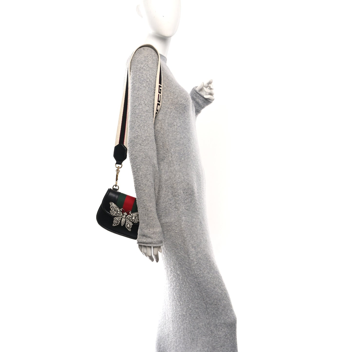 Calfskin Web Crystal Butterfly Stripe Small Totem Shoulder Bag Black