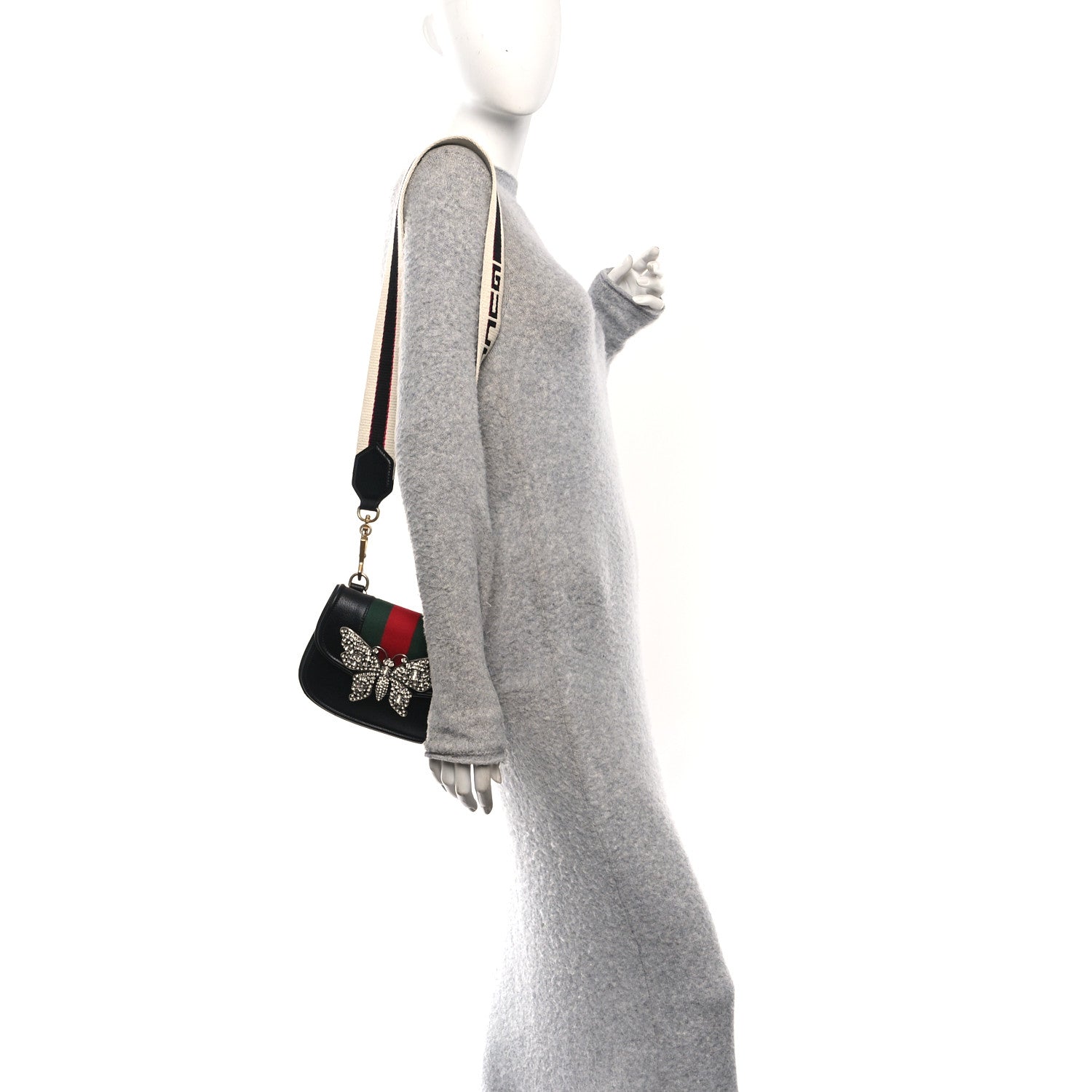 Gucci Calfskin Web Crystal Butterfly Stripe Small Totem Shoulder Bag Black 2 of 14