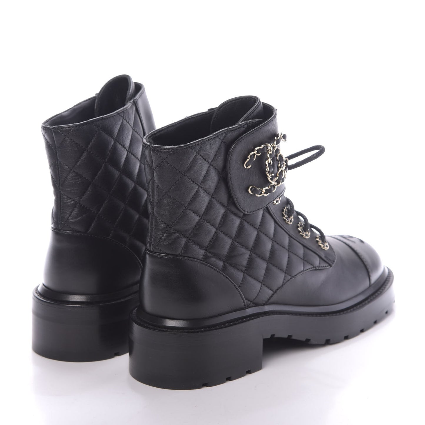 Shiny Lambskin Quilted Lace Up Combat Boots 37.5 Black
