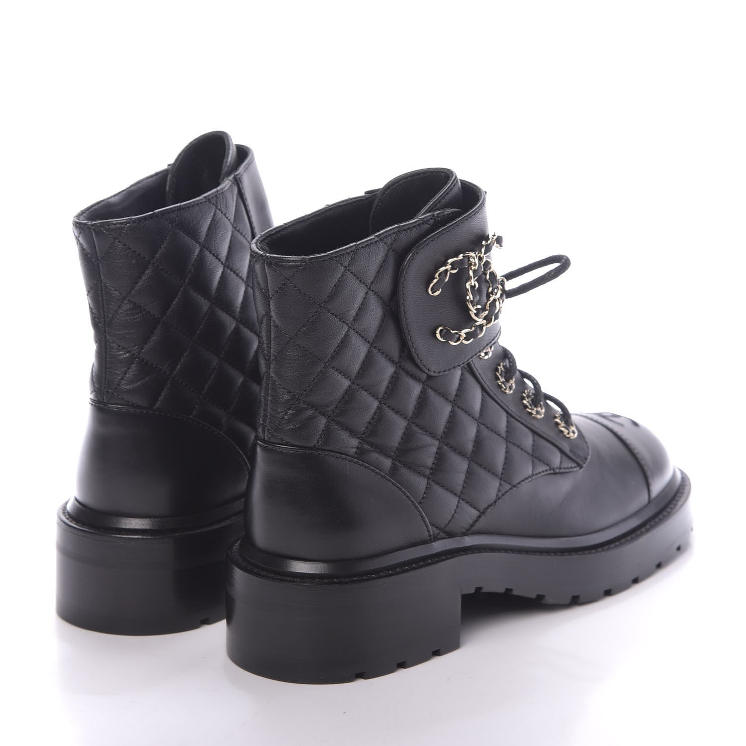 Chanel Shiny Lambskin Quilted Lace Up Combat Boots 37.5 Black 4 of 8
