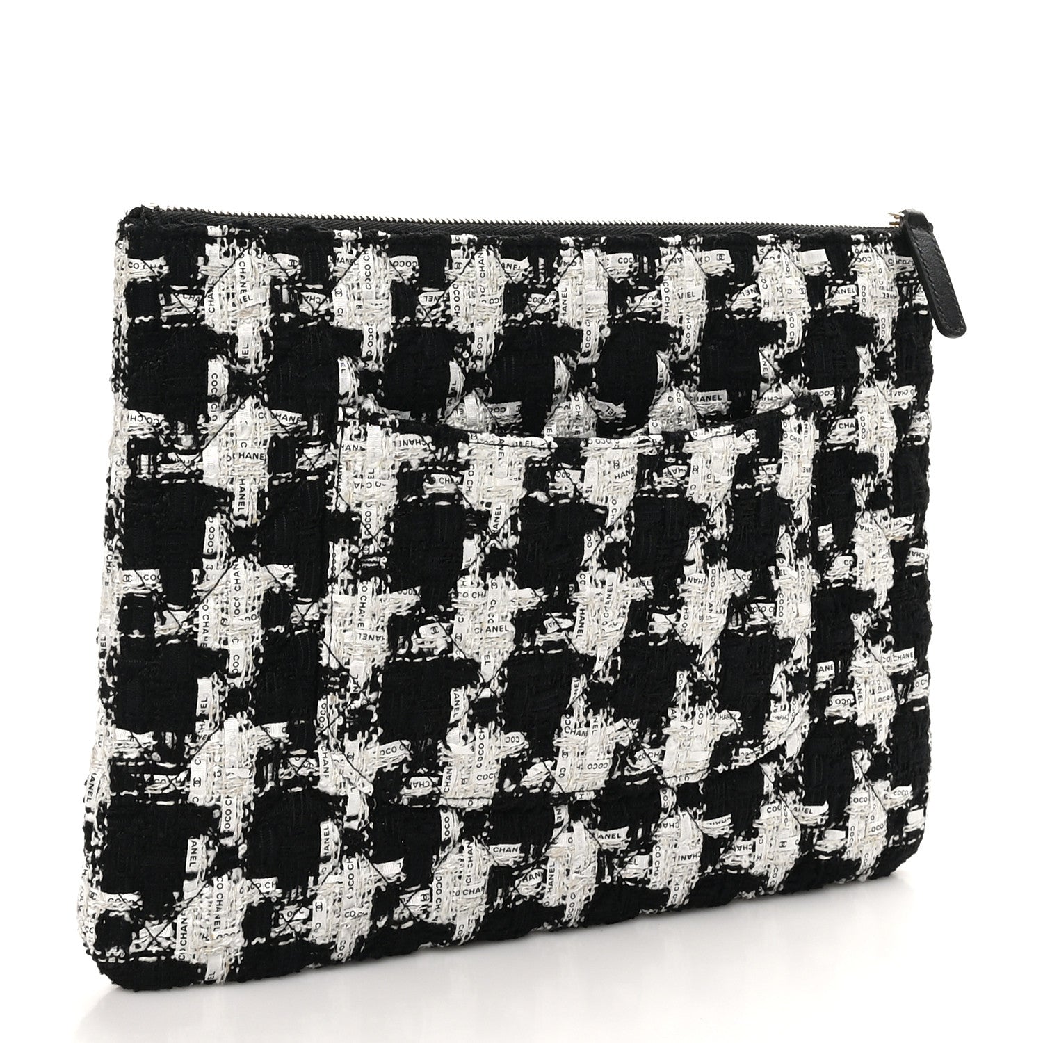 Chanel Tweed Quilted Medium Cosmetic Pouch Black Ecru White 3 of 9