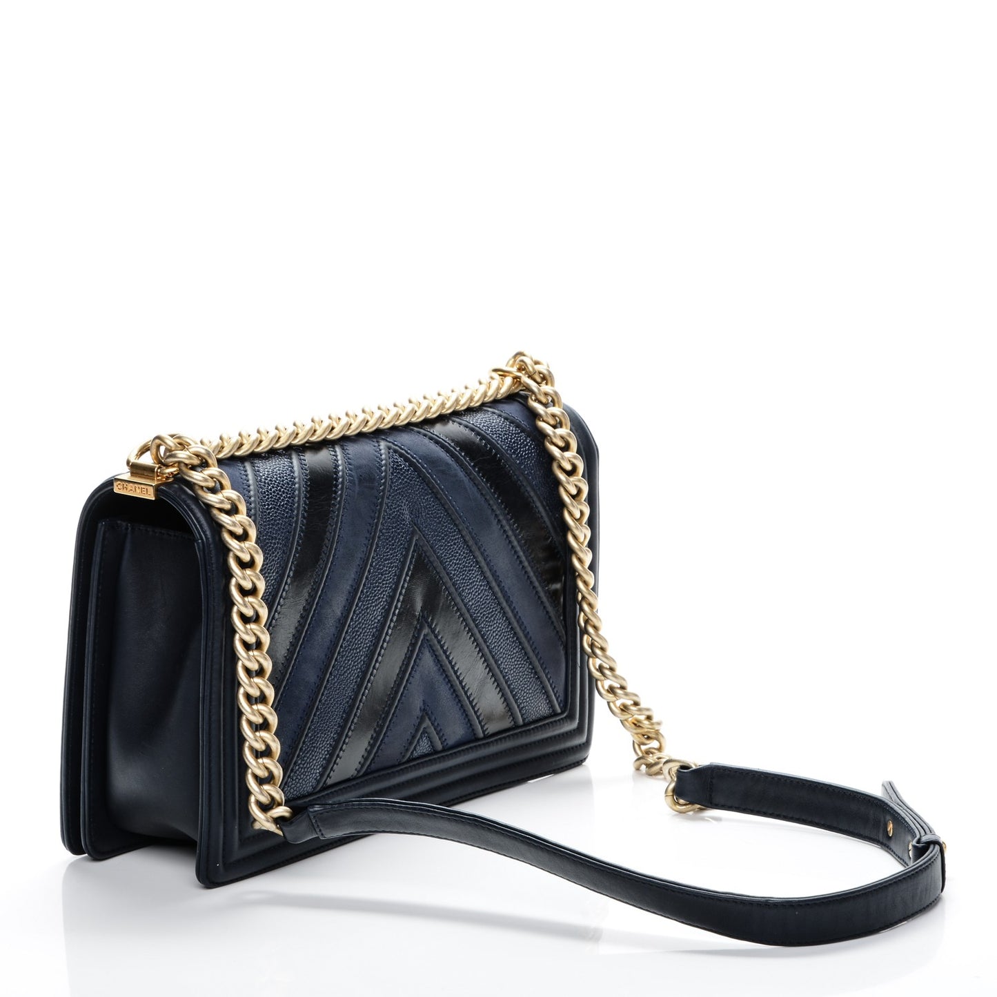 Calfskin Caviar Suede Chevron New Medium Boy Flap Navy
