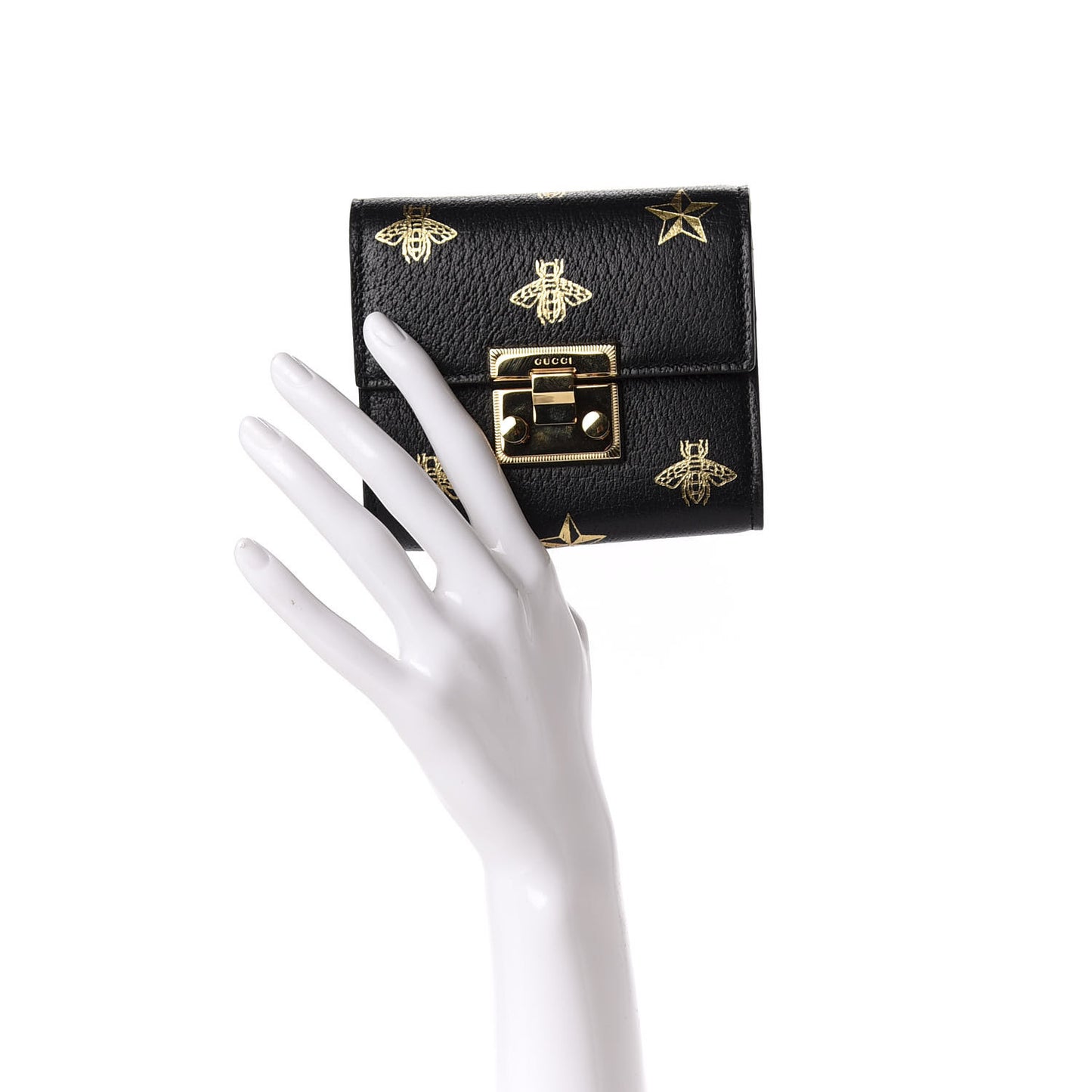 Calfskin Bee Star Print Padlock Wallet Black