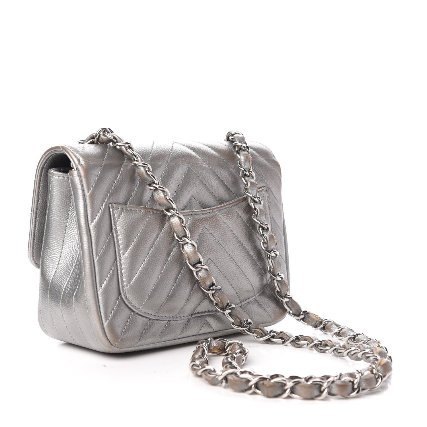 Chanel Metallic Caviar Chevron Quilted Mini Square Flap Silver 3 of 11