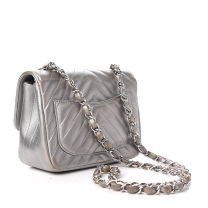 Chanel Metallic Caviar Chevron Quilted Mini Square Flap Silver 3 of 11