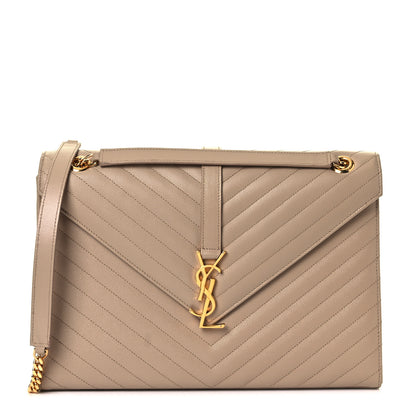 Saint Laurent Grain De Poudre Matelasse Chevron Large Monogram Satchel Dark Beige 3 of 21