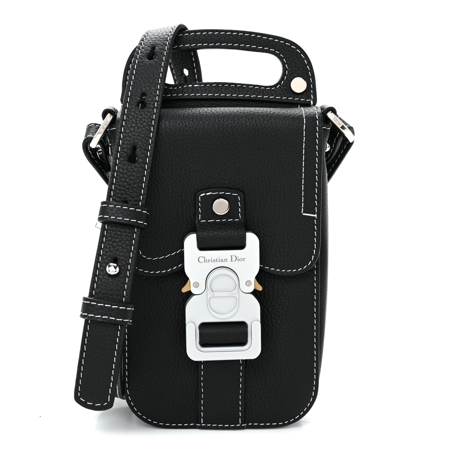 Christian Dior Grained Calfskin Vertical Saddle Pouch With Strap Black 1 of 10