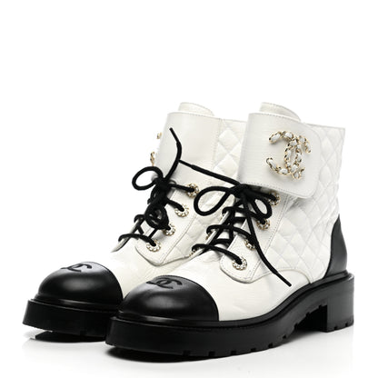 Chanel Shiny Goatskin Calfskin Quilted Lace Up Combat Boots 40.5 Black White 3 of 9