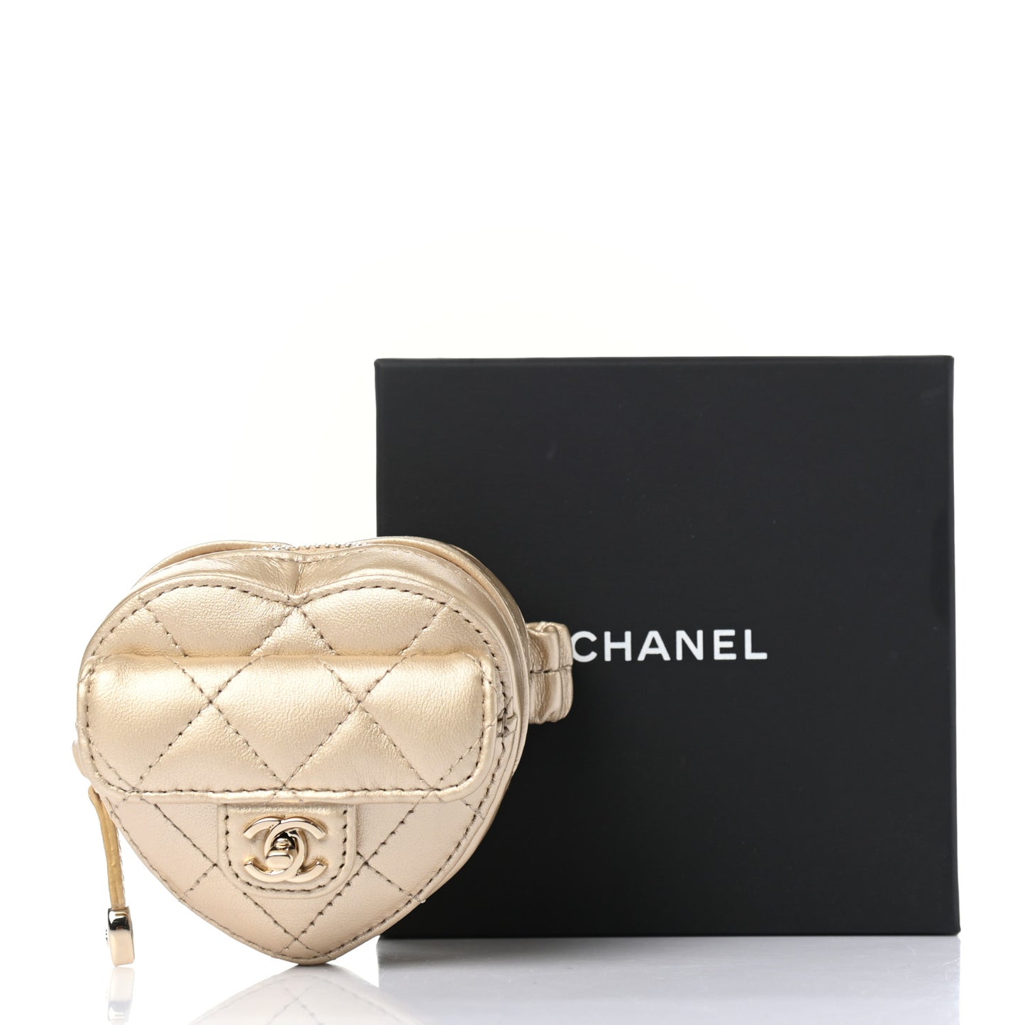 Metallic Lambskin Quilted CC In Love Heart Zipped Arm Coin Purse Gold
