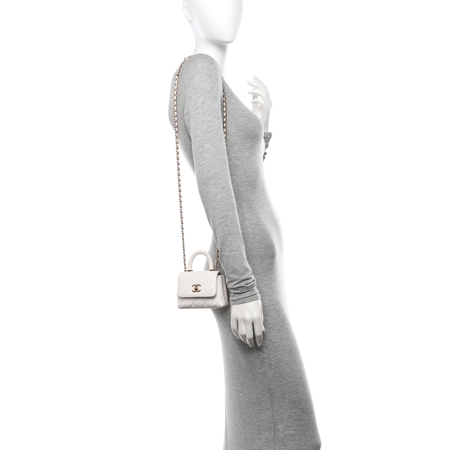 Caviar Quilted Nano Coco Handle Clutch With Chain White