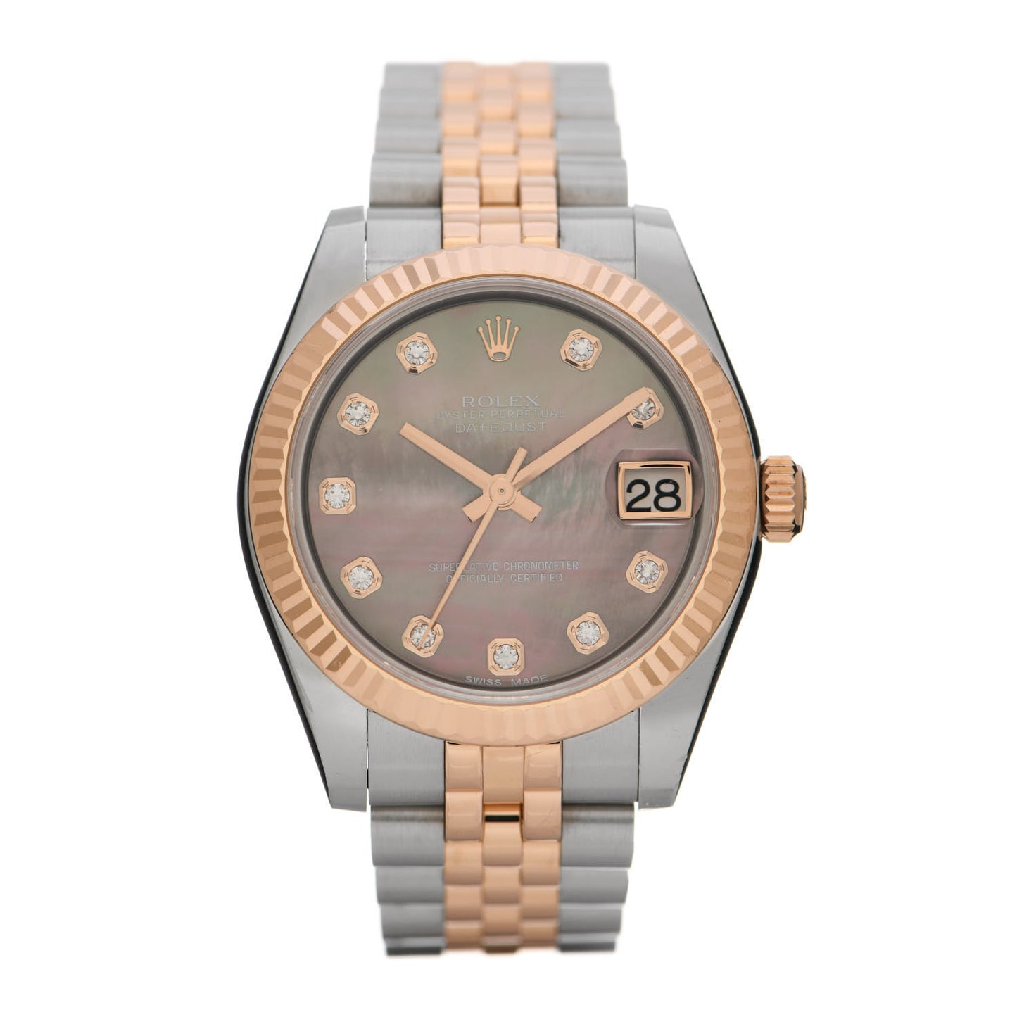 Stainless Steel 18K Everose Gold Diamond Black Mother of Pearl 31mm Oyster Perpetual Datejust Watch 178271