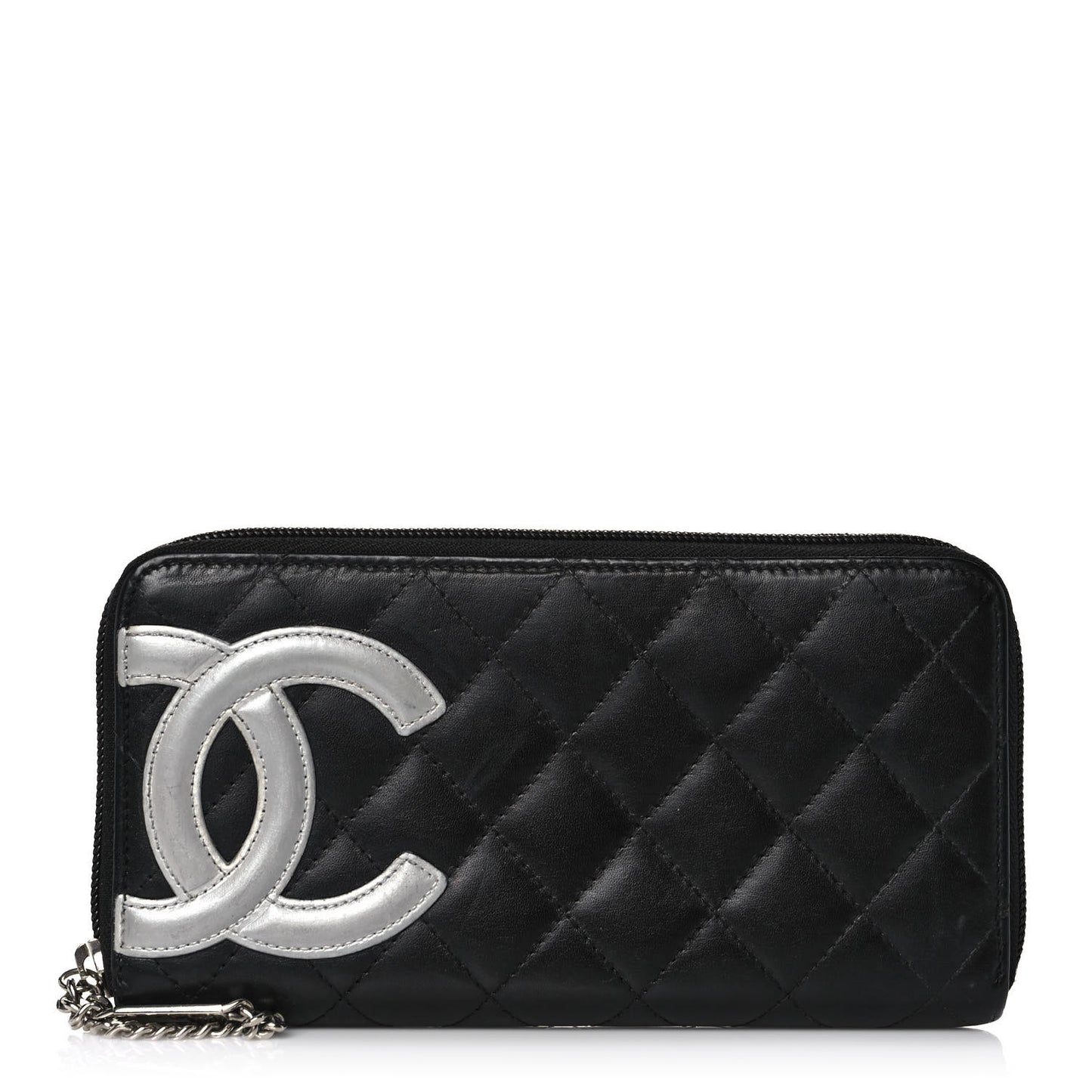 Calfskin Quilted Cambon Large Gusset Zip Around Wallet Black Silver