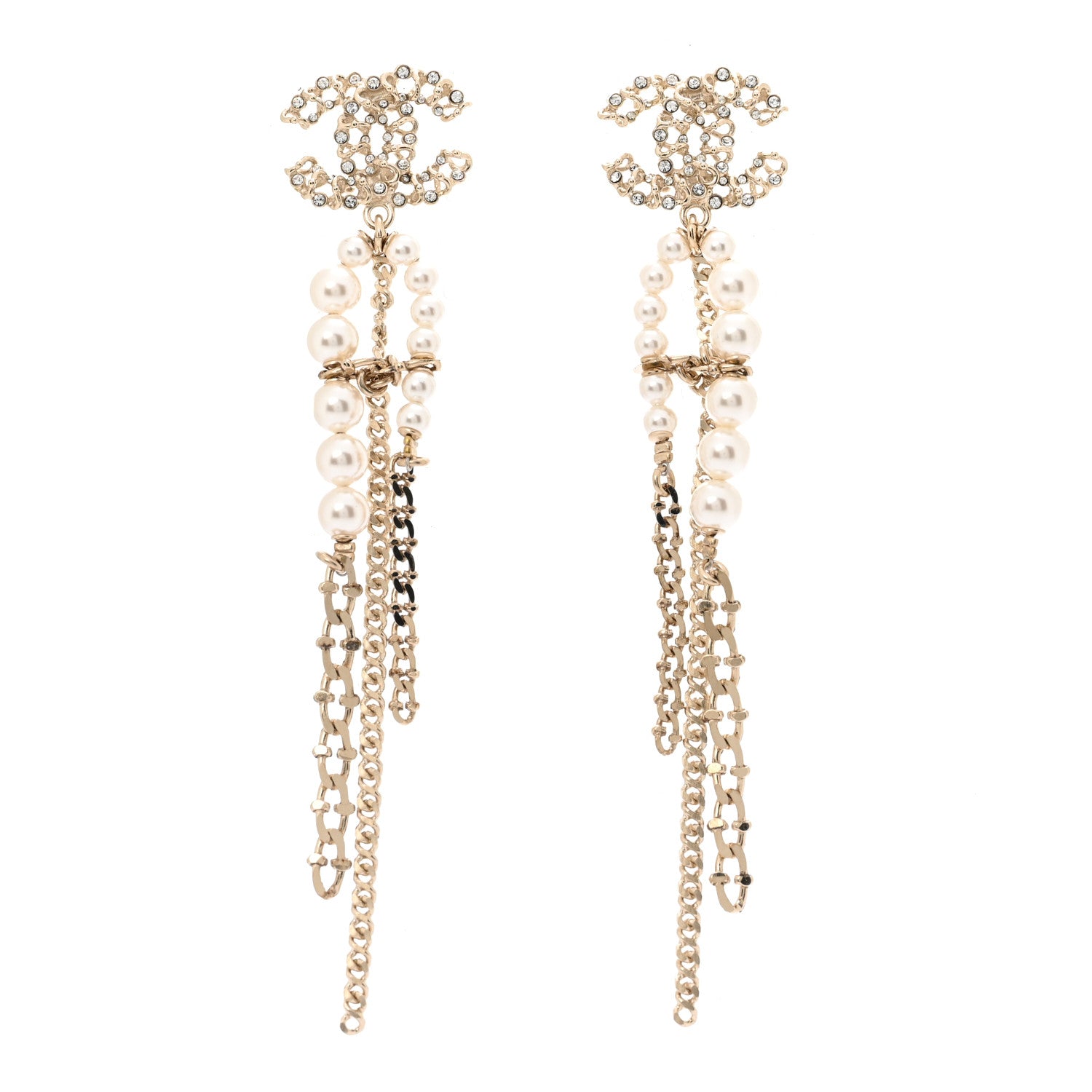 Chanel Pearl Crystal CC Chain Drop Earrings Light Gold Pearly White 1 of 4