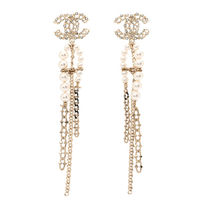 Chanel Pearl Crystal CC Chain Drop Earrings Light Gold Pearly White 1 of 4