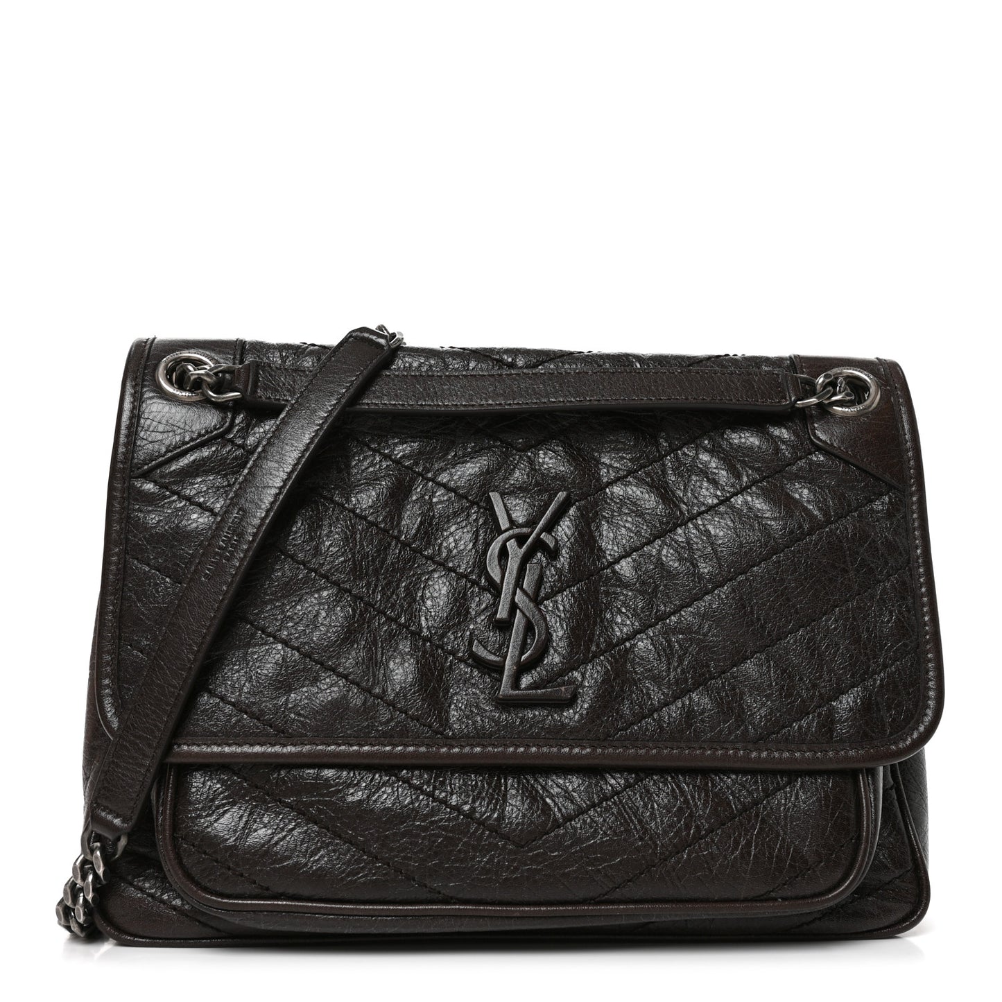 Crinkled Calfskin Matelasse Monogram Medium Niki Chain Satchel Moka
