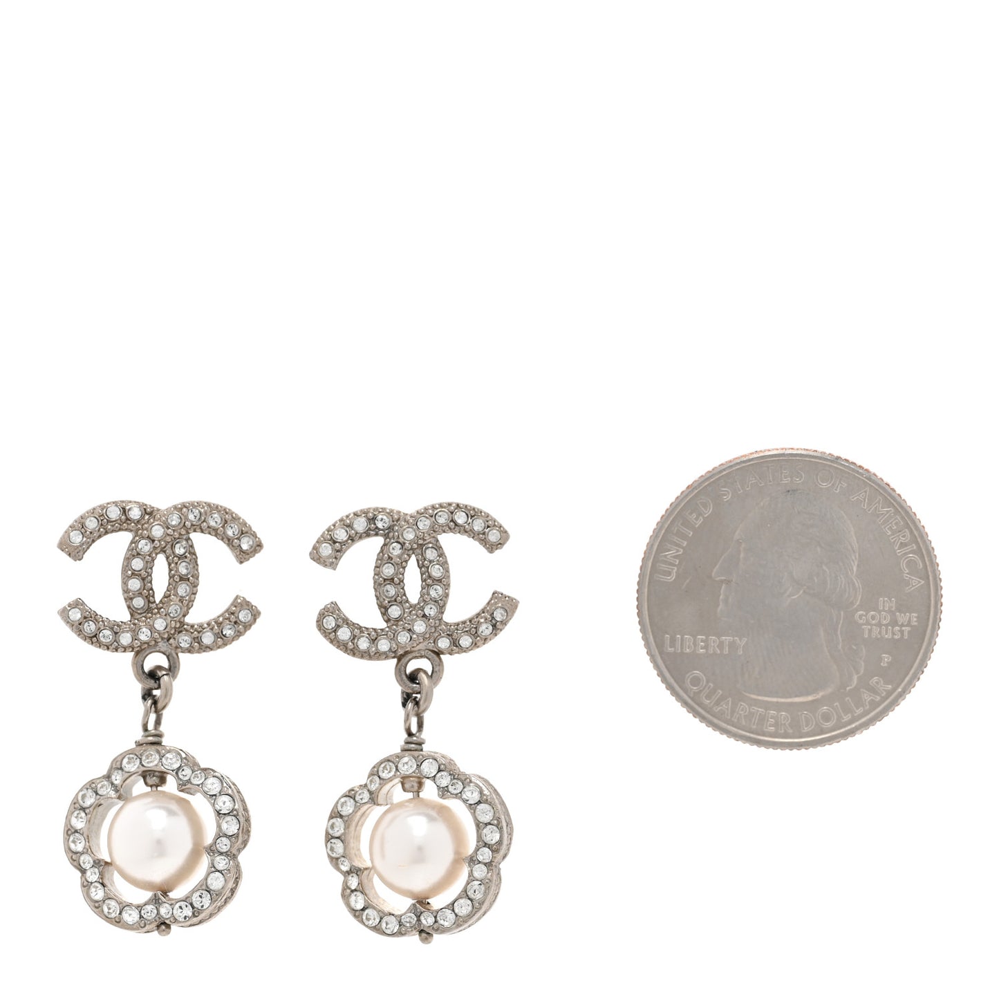 Crystal Pearl Camellia CC Coco Flapper Drop Earrings Silver
