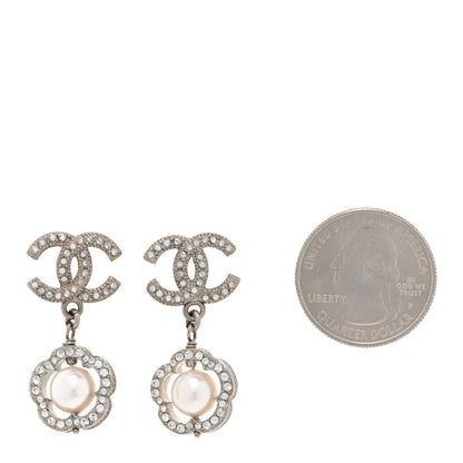 Chanel Crystal Pearl Camellia CC Coco Flapper Drop Earrings Silver 2 of 4