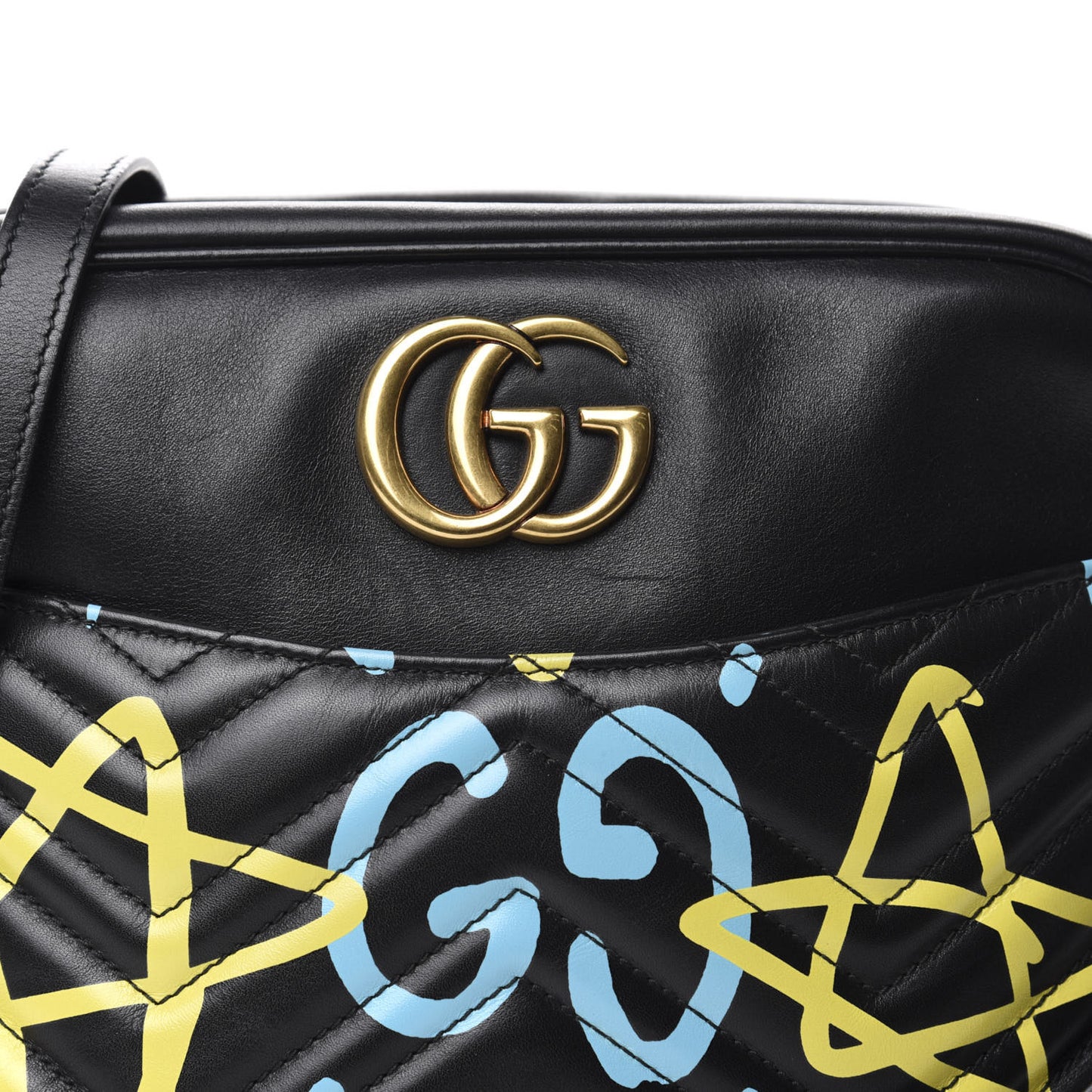 Calfskin Matelasse GucciGhost Medium GG Marmont Chain Shoulder Bag Black New Acquamarine
