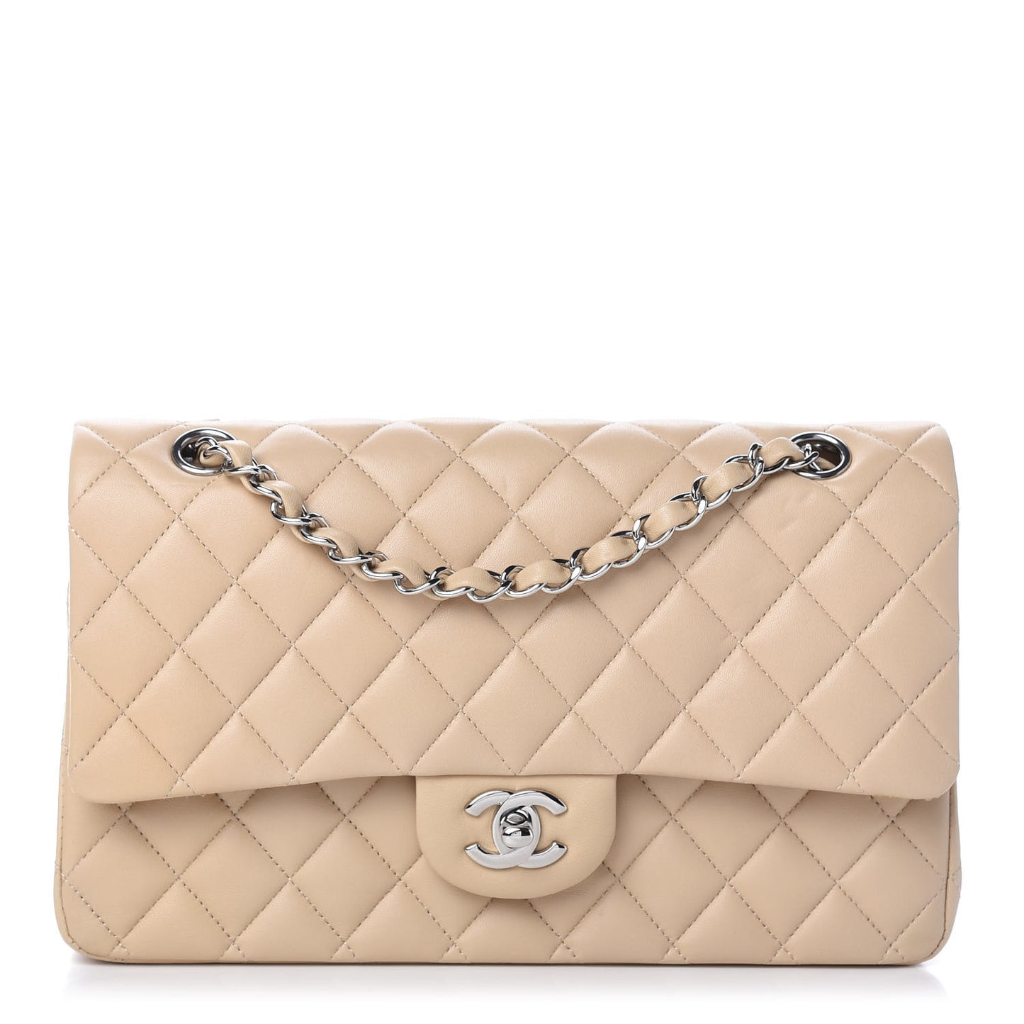 Lambskin Quilted Medium Double Flap Beige