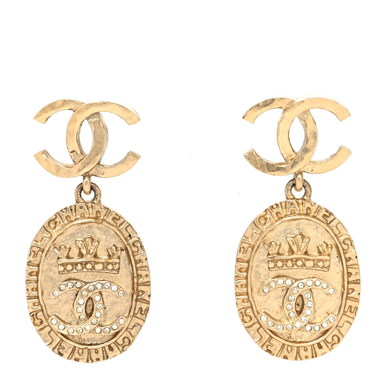 Chanel Crystal CC Medallion Drop Earrings Gold 1 of 4