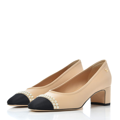 Chanel Lambskin Grosgrain Pearl Cap Toe CC Pumps 37 Beige Black 3 of 10