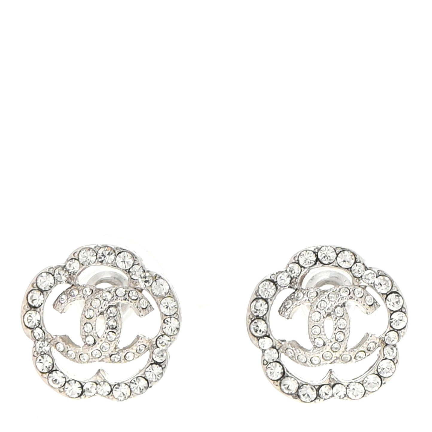 Crystal Coco Flapper Camellia CC Stud Earrings Silver