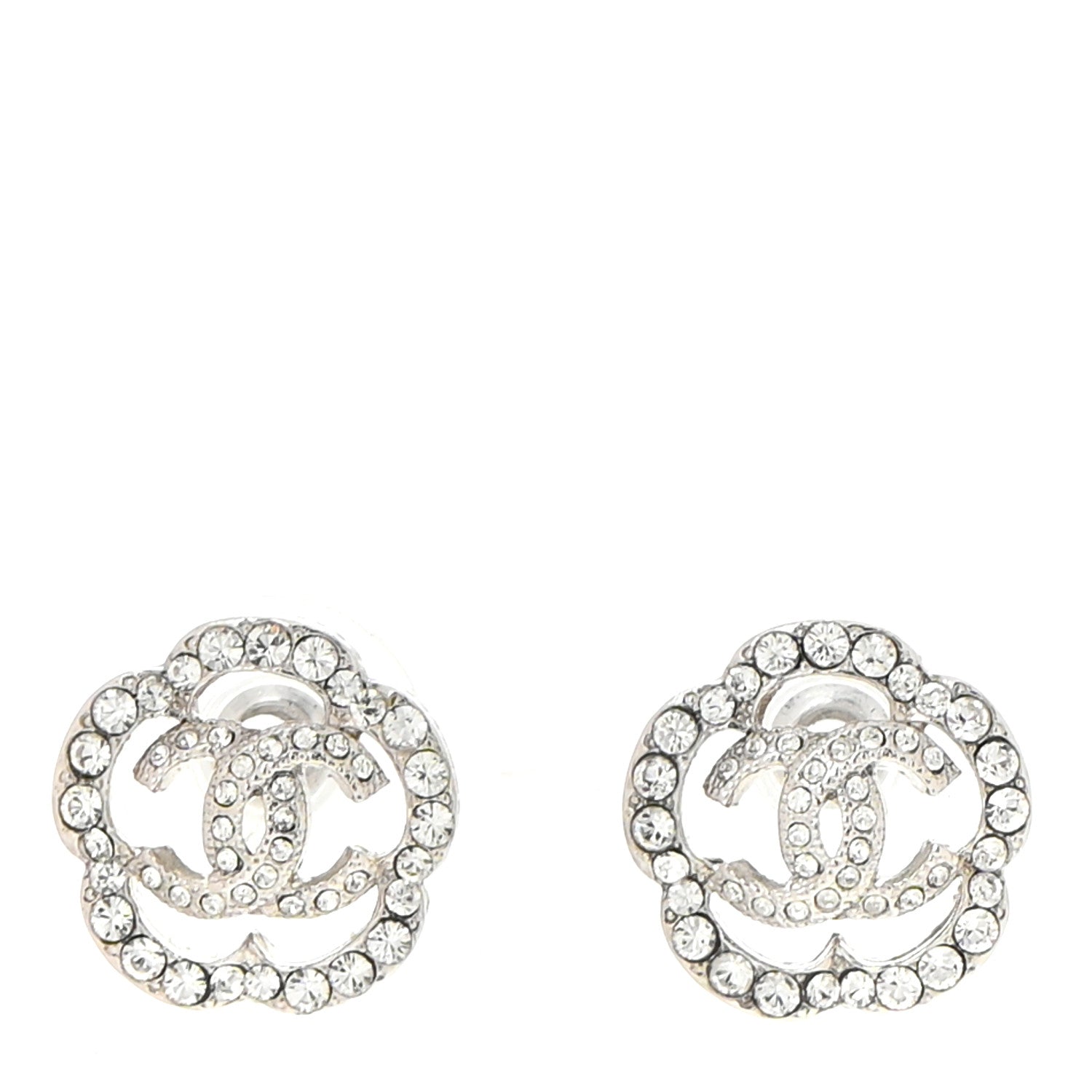 Chanel Crystal Coco Flapper Camellia CC Stud Earrings Silver 1 of 5