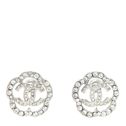 Chanel Crystal Coco Flapper Camellia CC Stud Earrings Silver 1 of 5