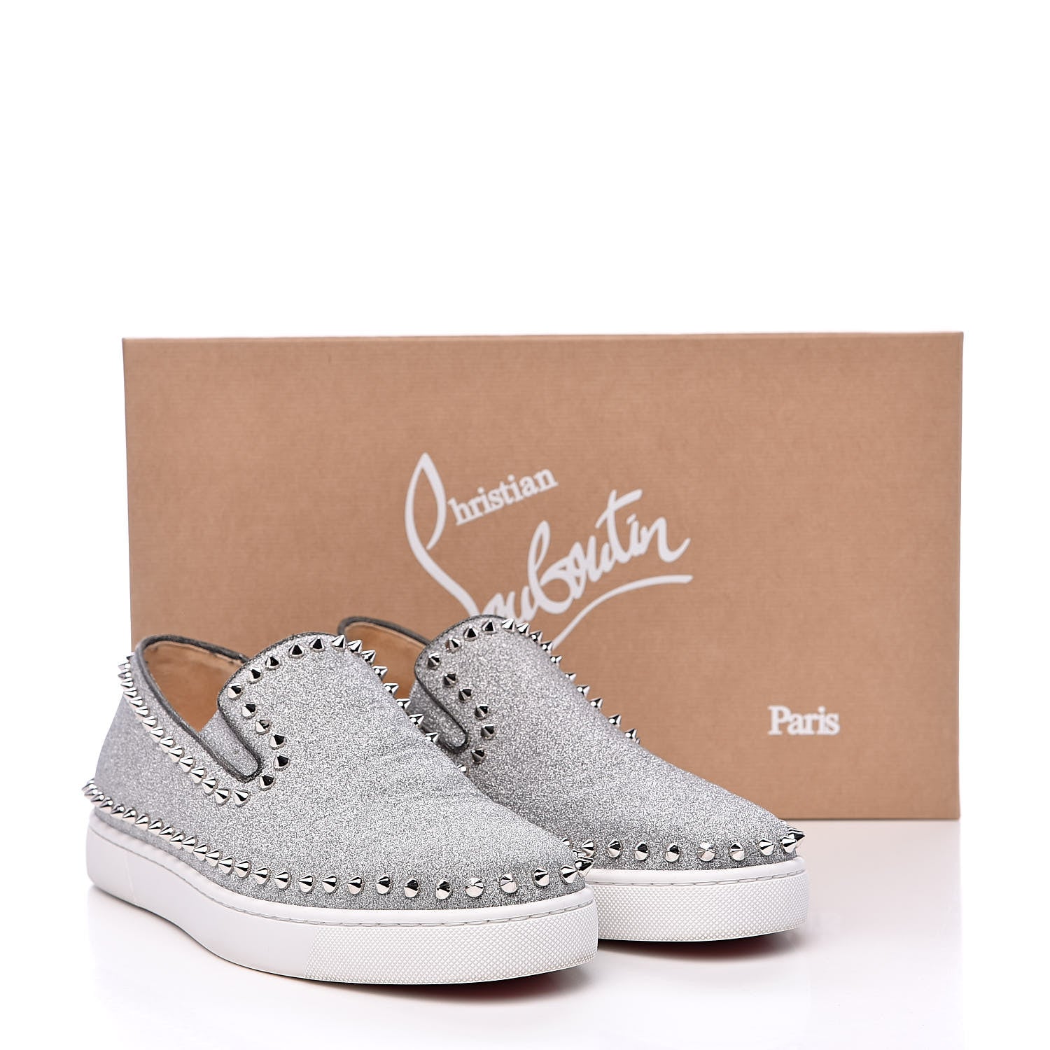 Christian Louboutin Calfskin Spikes Pik Boat Glitter Sneakers 42 Silver 9 of 9