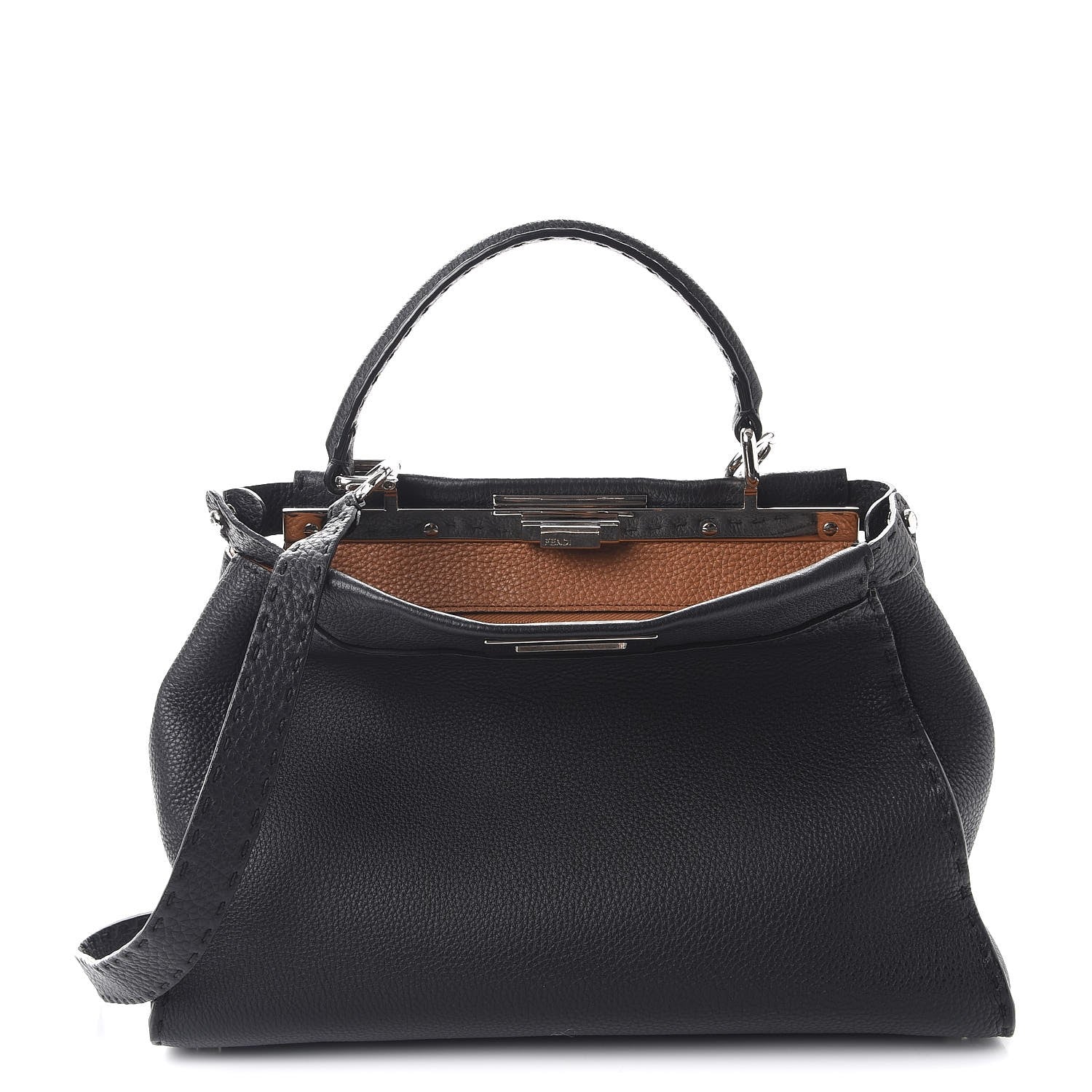 Fendi Cuoio Romano Selleria Bi-Color Medium Peekaboo Iconic Satchel Black Mou 1 of 10