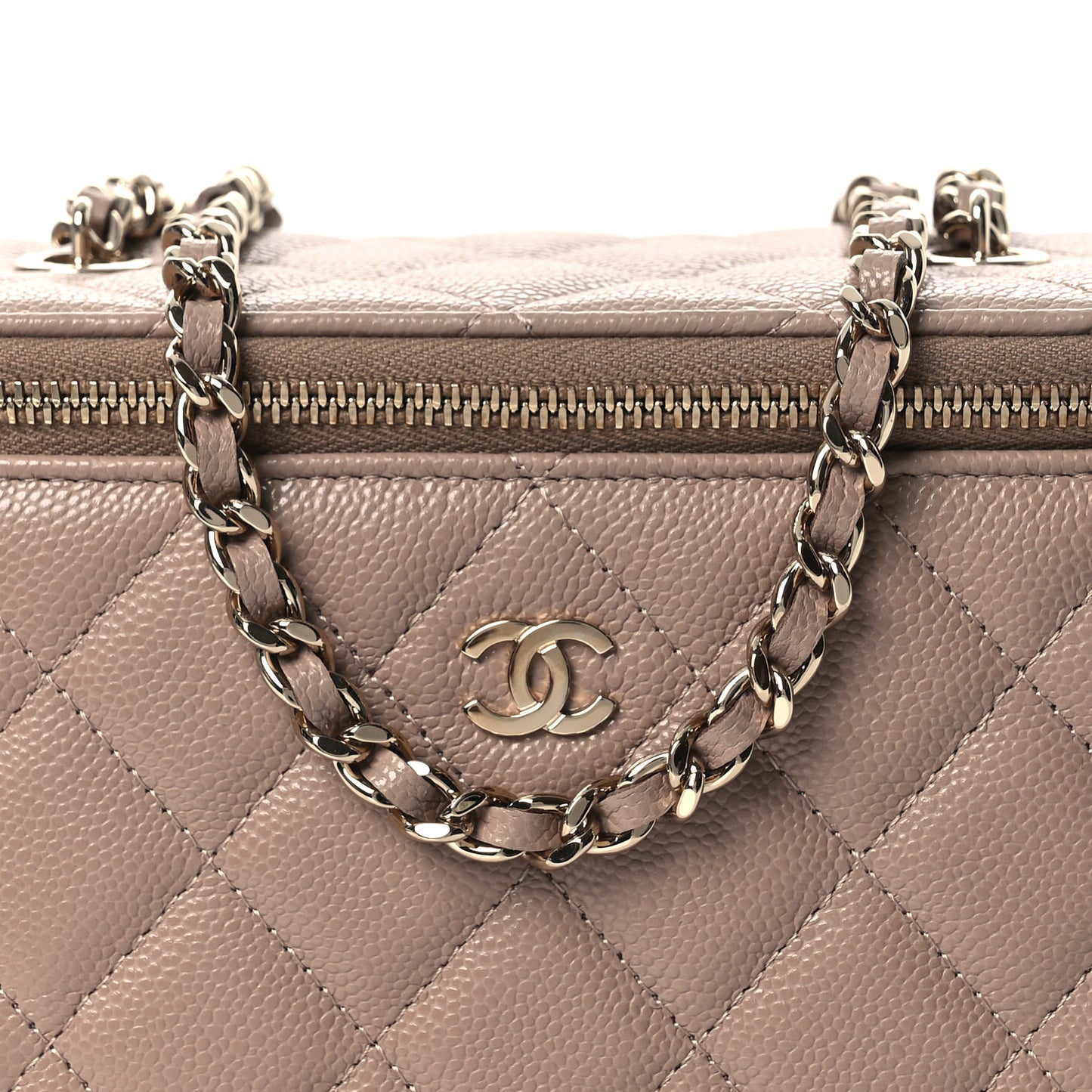 Caviar Quilted Small Vanity Case With Chain Dark Beige