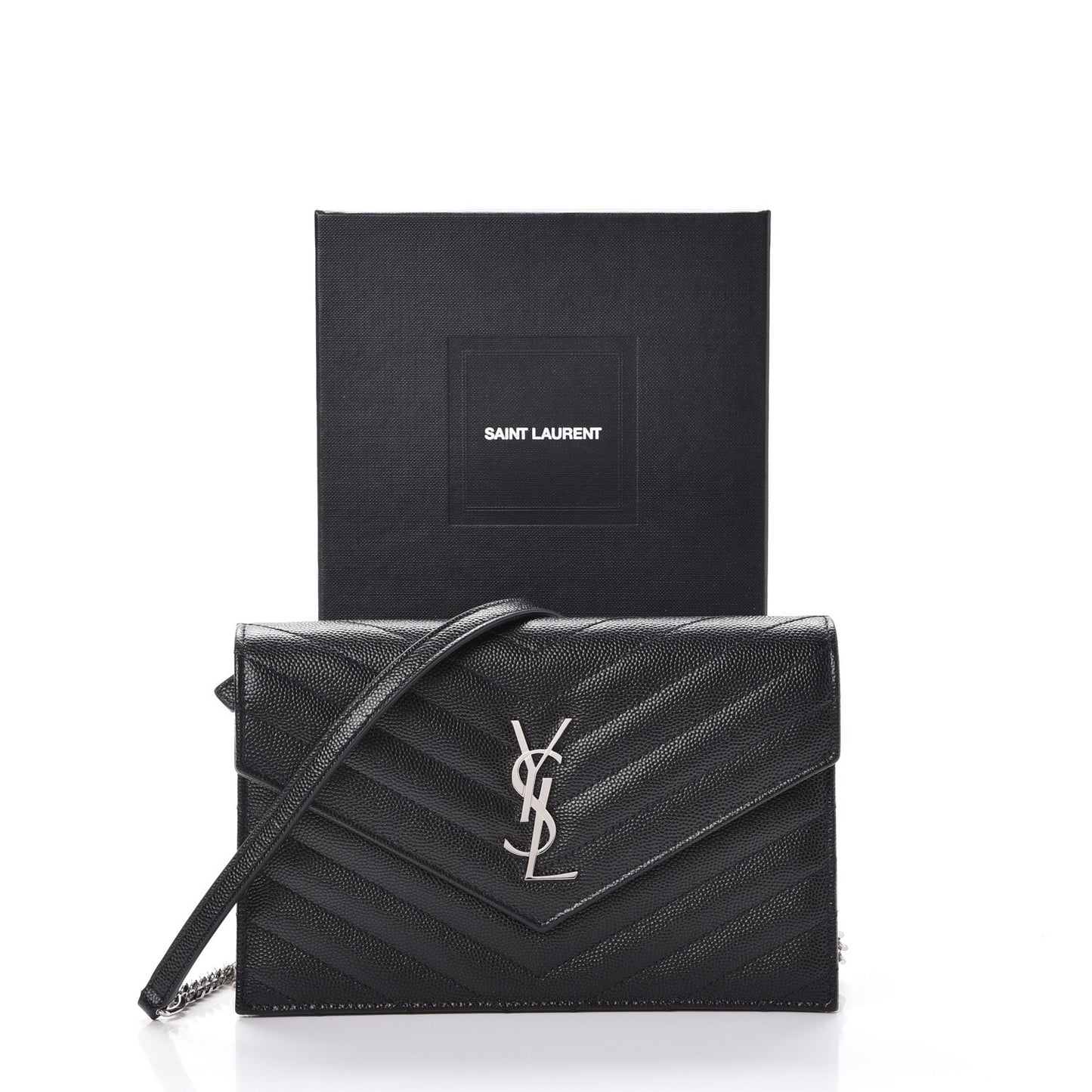 Grain De Poudre Matelasse Chevron Monogram Envelope Chain Wallet Black