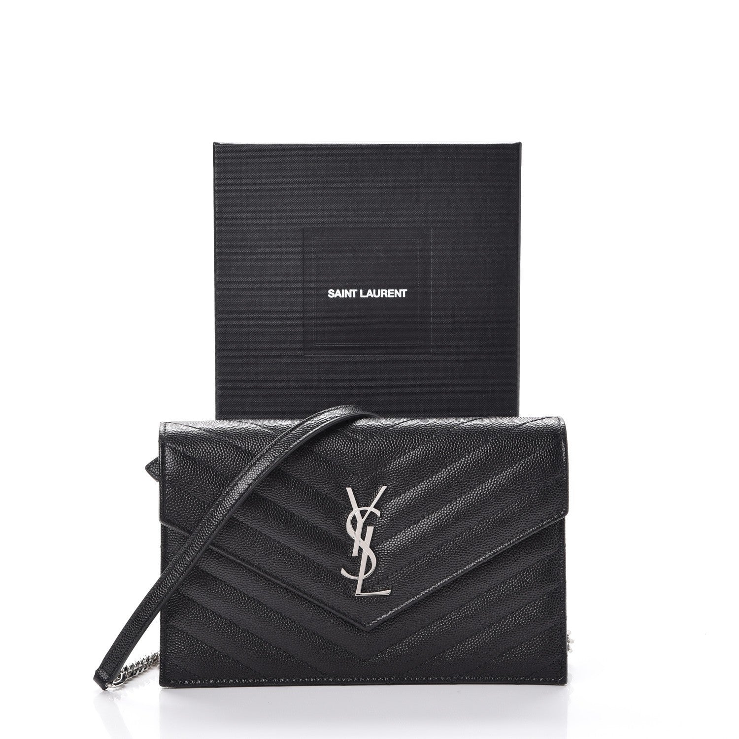Saint Laurent Grain De Poudre Matelasse Chevron Monogram Envelope Chain Wallet Black 8 of 8