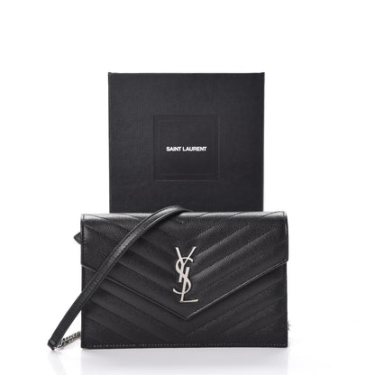 Saint Laurent Grain De Poudre Matelasse Chevron Monogram Envelope Chain Wallet Black 8 of 8
