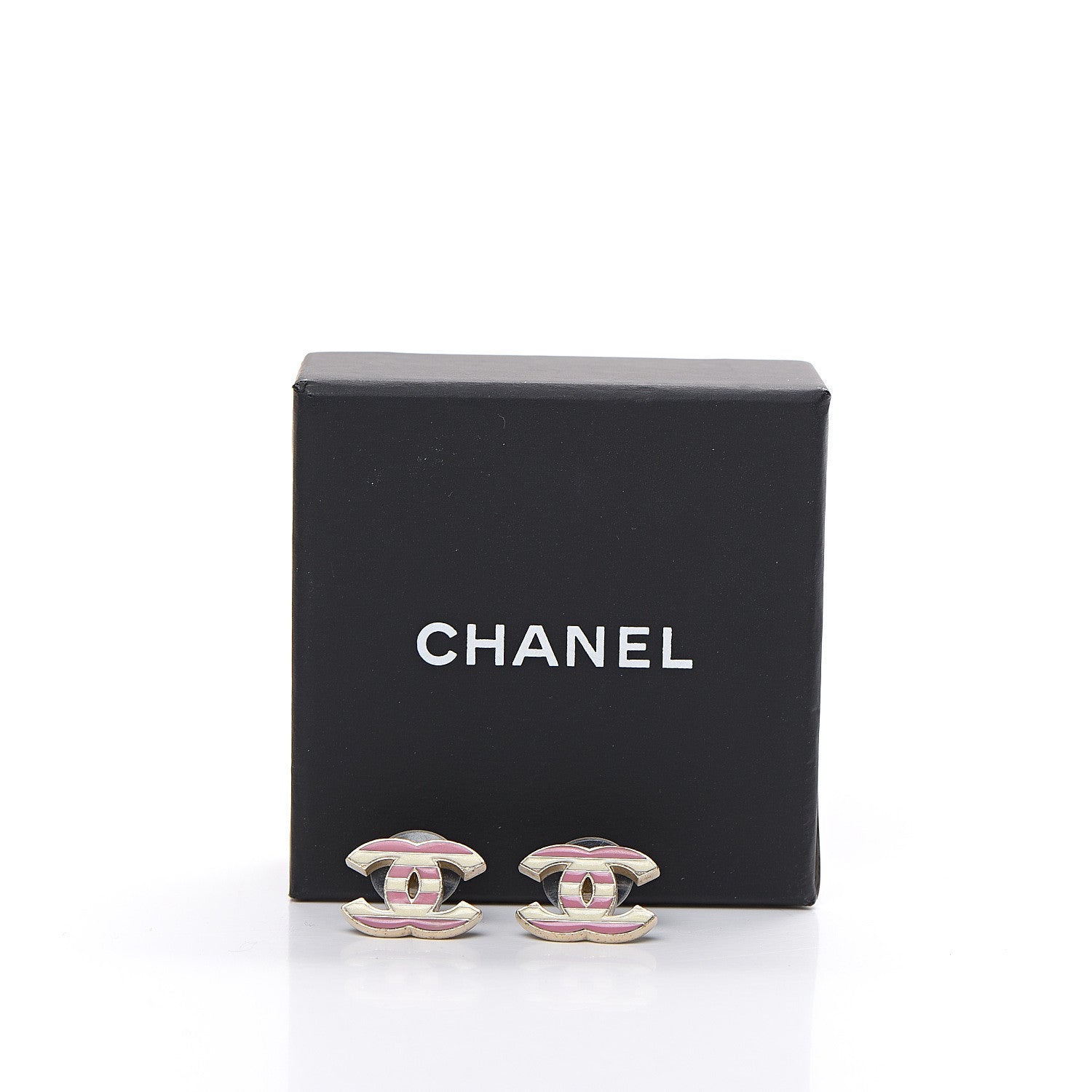 Chanel Enamel Striped CC Earrings Pink White Gold 5 of 5