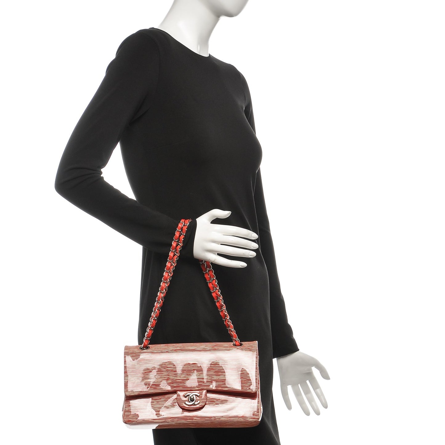 Patent Calfskin Striped Medium Double Flap Red