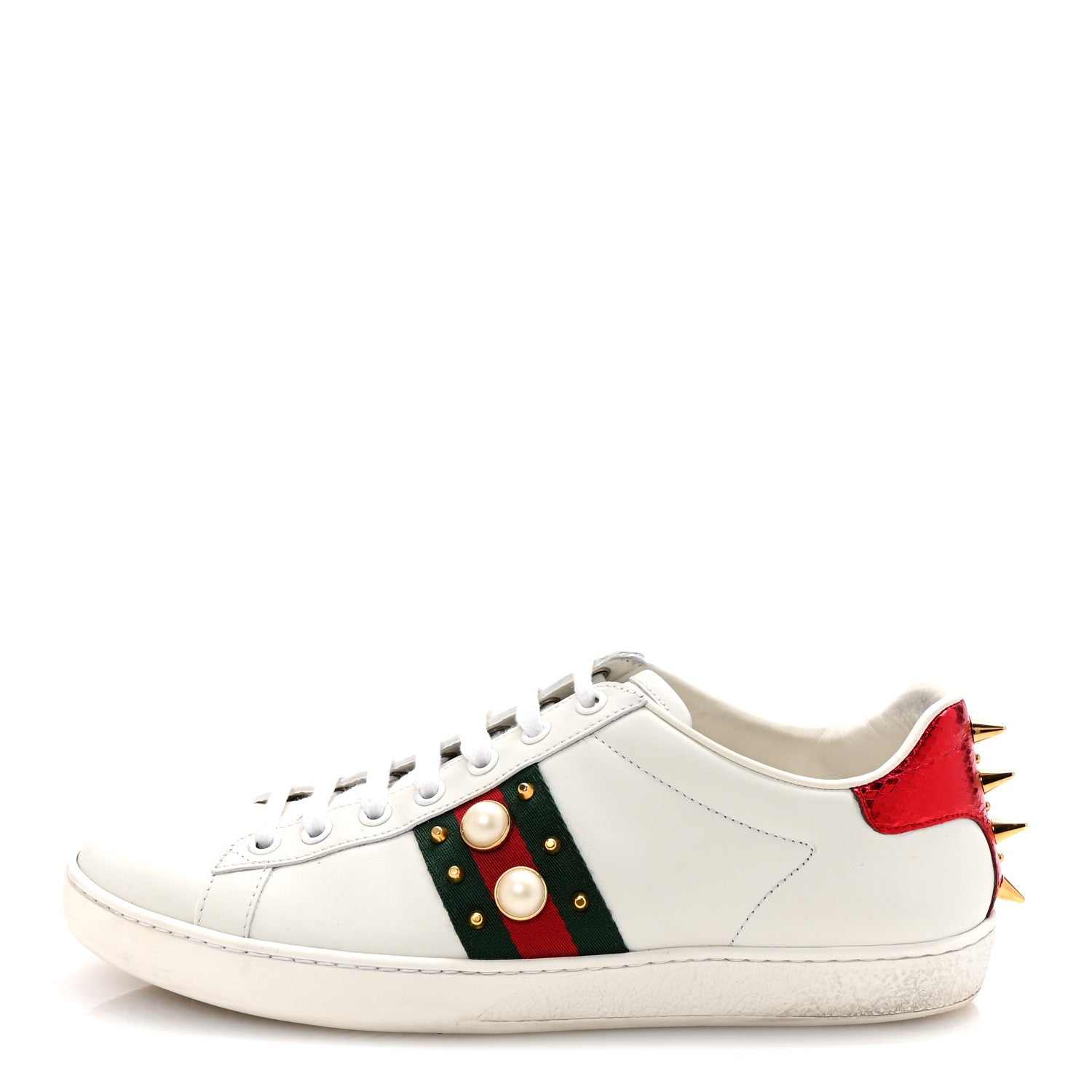 Gucci Calfskin Web Pearl Studded Womens Ace Sneakers 38.5 White 1 of 10