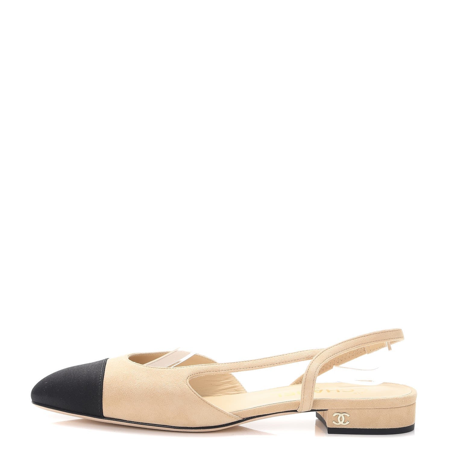 Chanel Kid Suede Satin Cap Toe CC Slingback Pumps 37.5 Beige Black 1 of 10