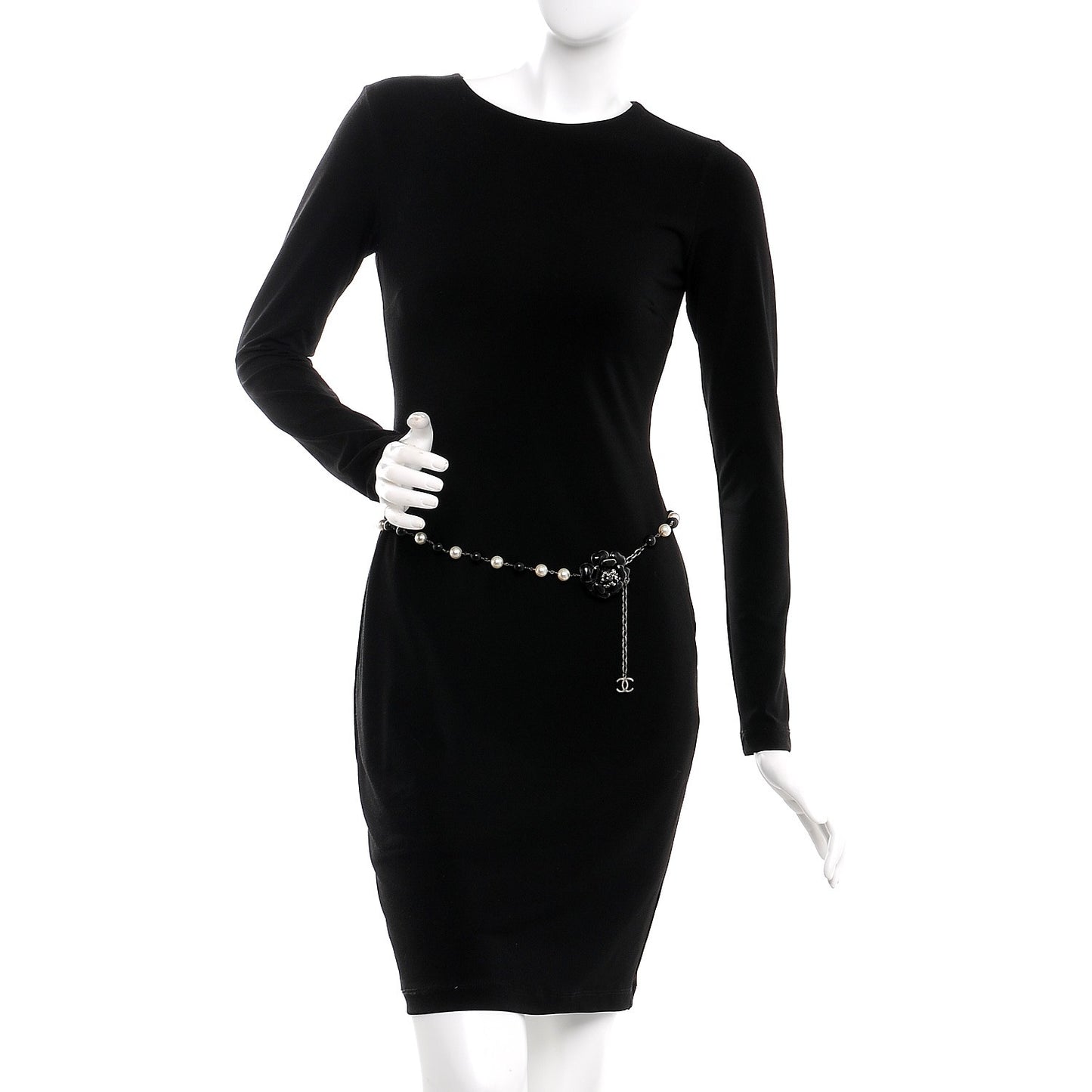 Pearl Crystal Enamel CC Camellia Belt Black Silver