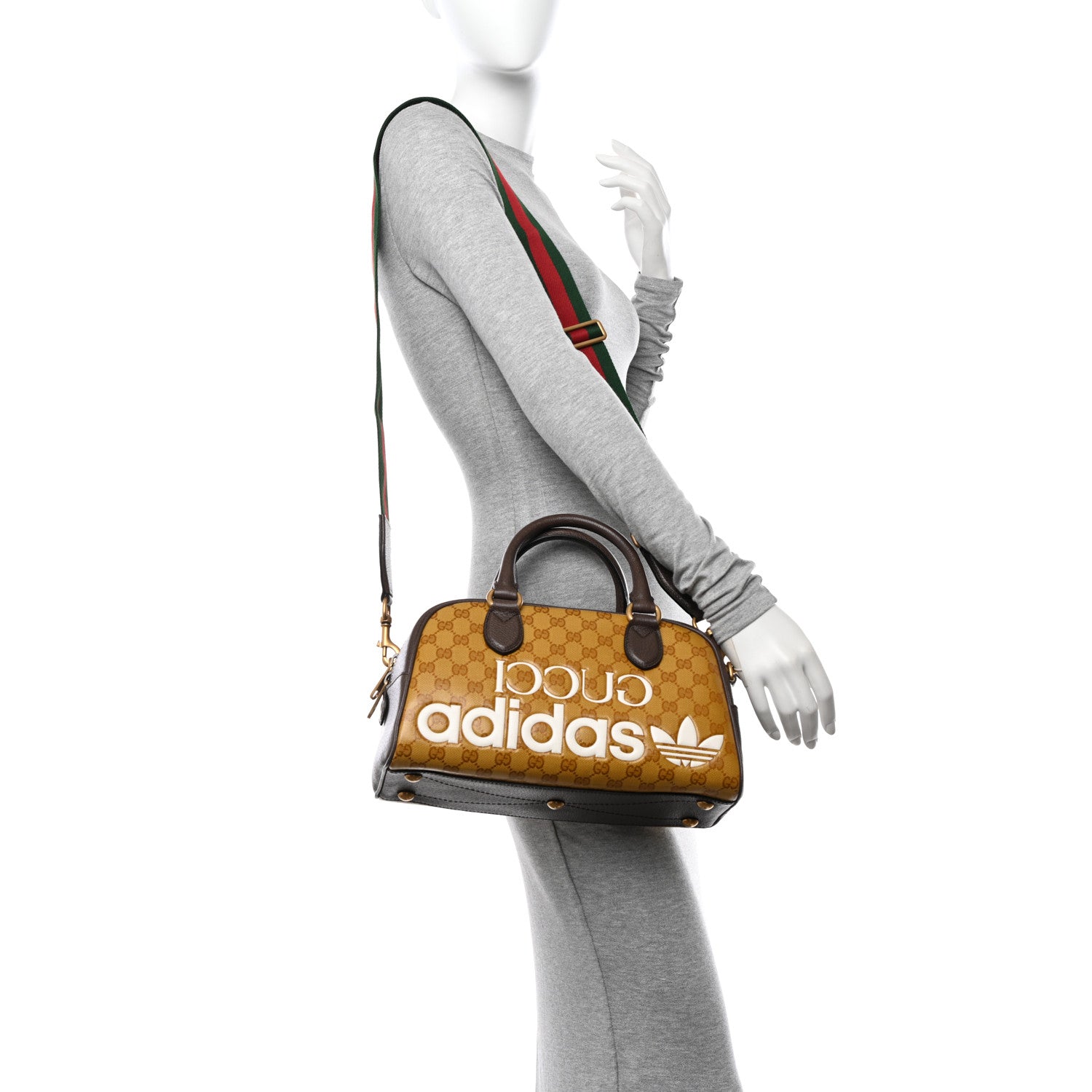 Gucci X ADIDAS Crystal Vintage Monogram Textured Dollar Calfskin Web Trefoil Logo Mini Bowling Bag Mid Natural Nut Off White New Acero 2 of 10