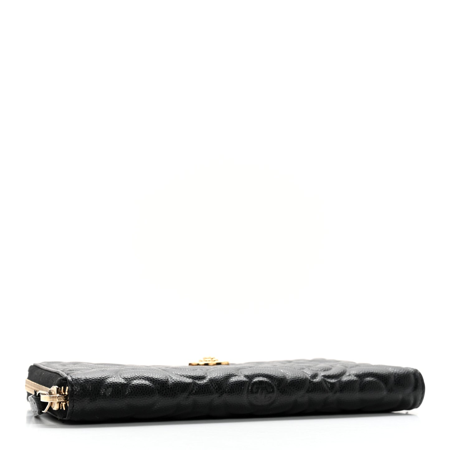 Caviar Camellia Embossed Large Zip Around Gusset Wallet Black