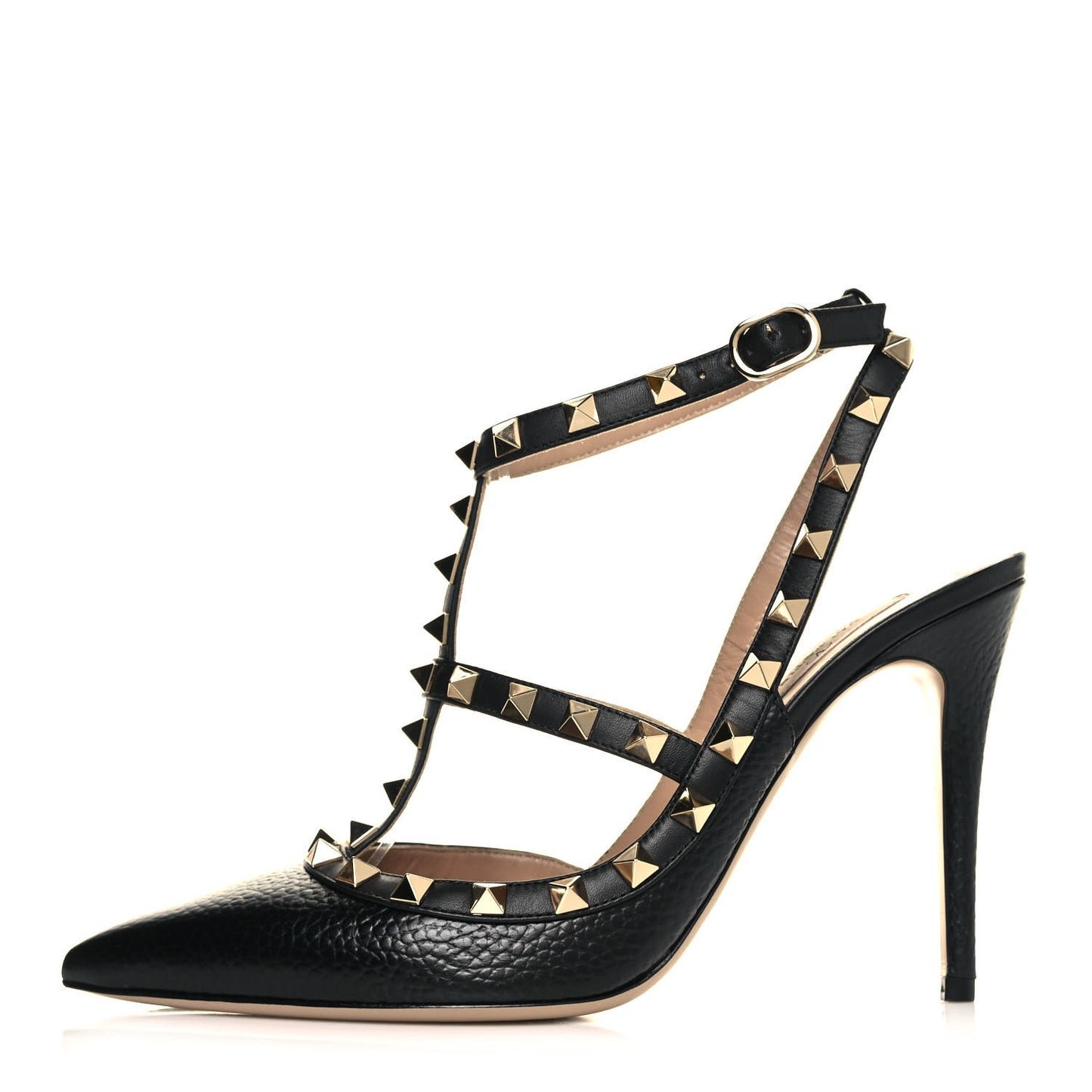 Pebbled Calfskin Rockstud Ankle Strap Pumps 37.5 Black