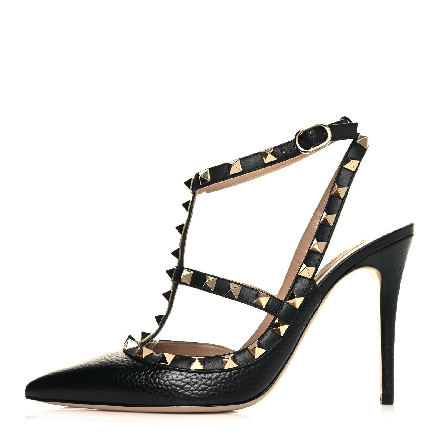 Valentino Garavani Pebbled Calfskin Rockstud Ankle Strap Pumps 37.5 Black 1 of 8