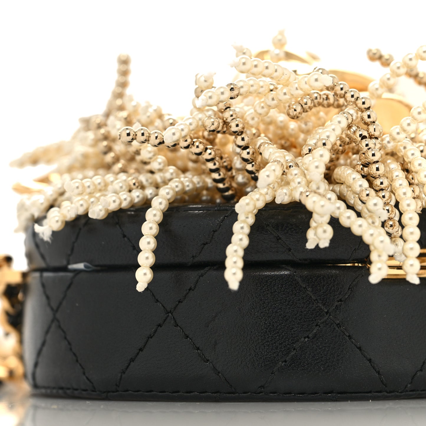 Lambskin Pearl Crystal Lion Round Minaudiere Clutch Black Gold