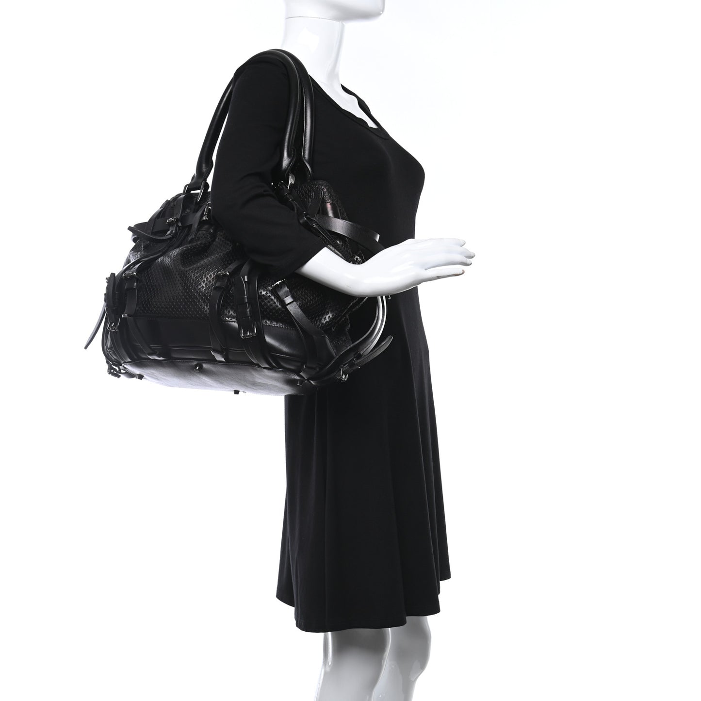 Perforated Calfskin Belted Bag Black