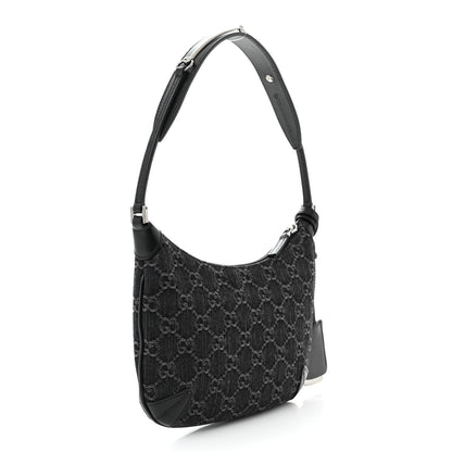 Gucci Jacquard Black Denim GG Monogram Horsebit Slim Small Shoulder Bag Black Grey 3 of 9