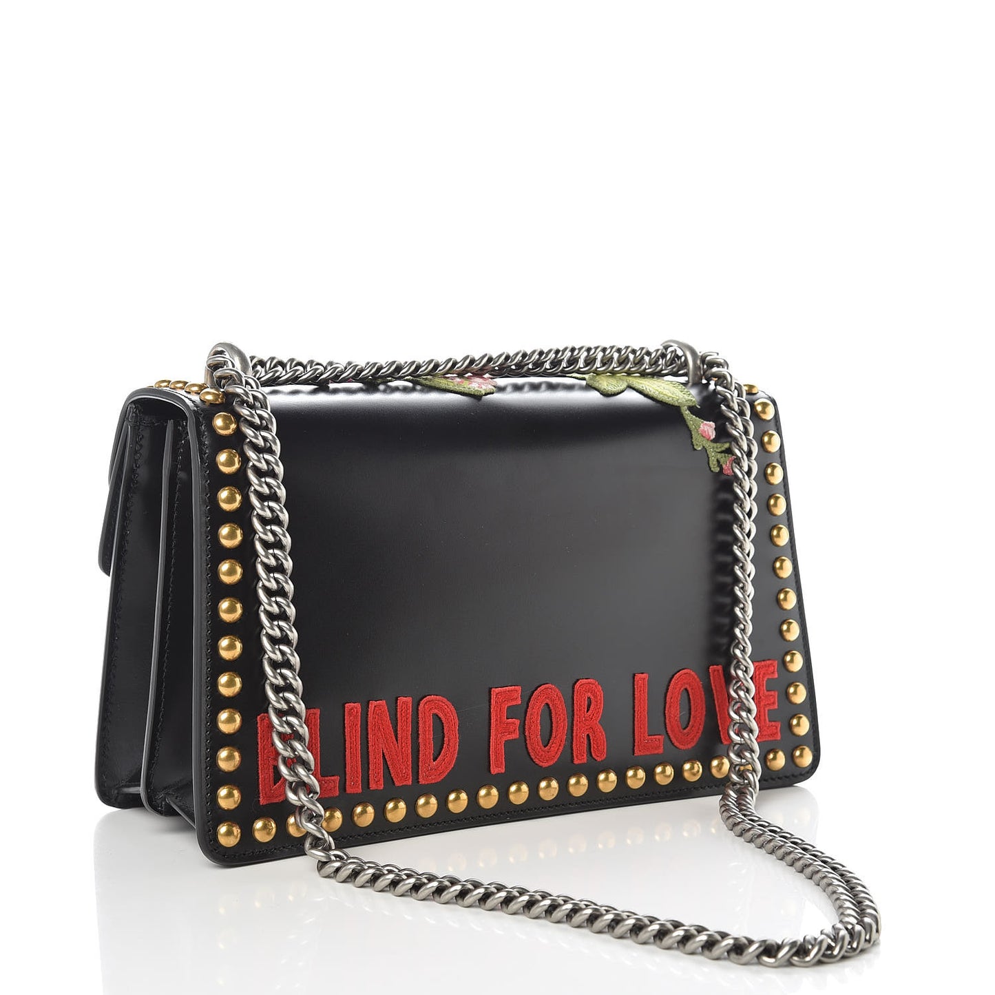 Calfskin Floral Embroidered Studded Small Dionysus Shoulder Bag Black
