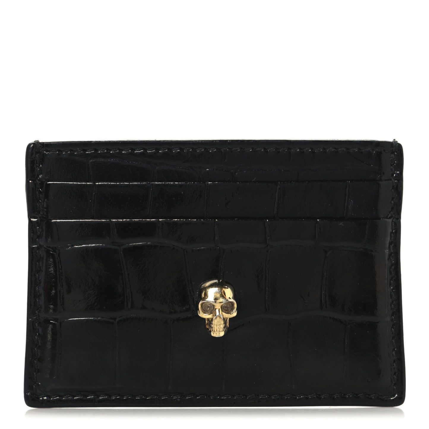 Patent Crocodile Embossed Skull Card Holder Black